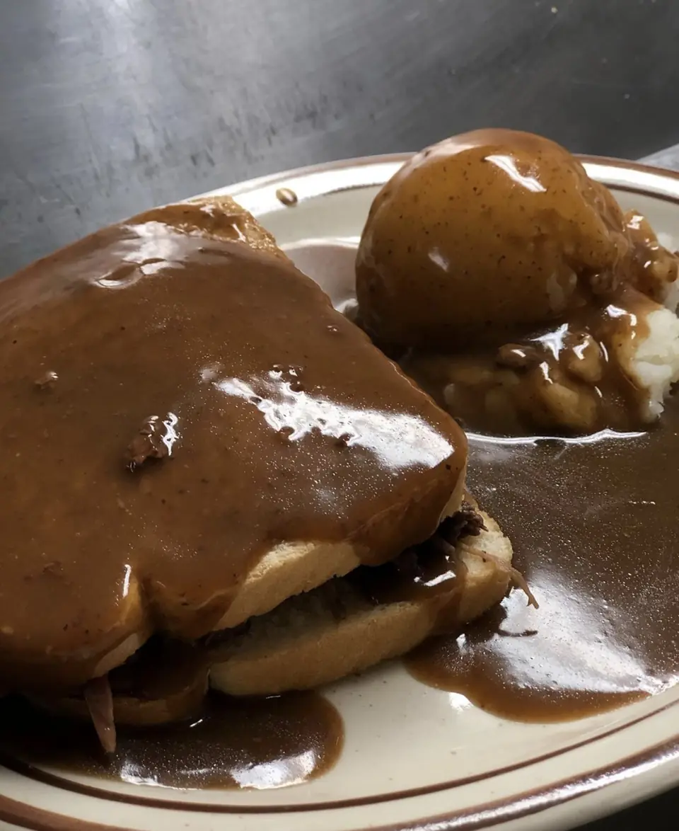 Hot beef sandwich with mashed potatoes and gravy