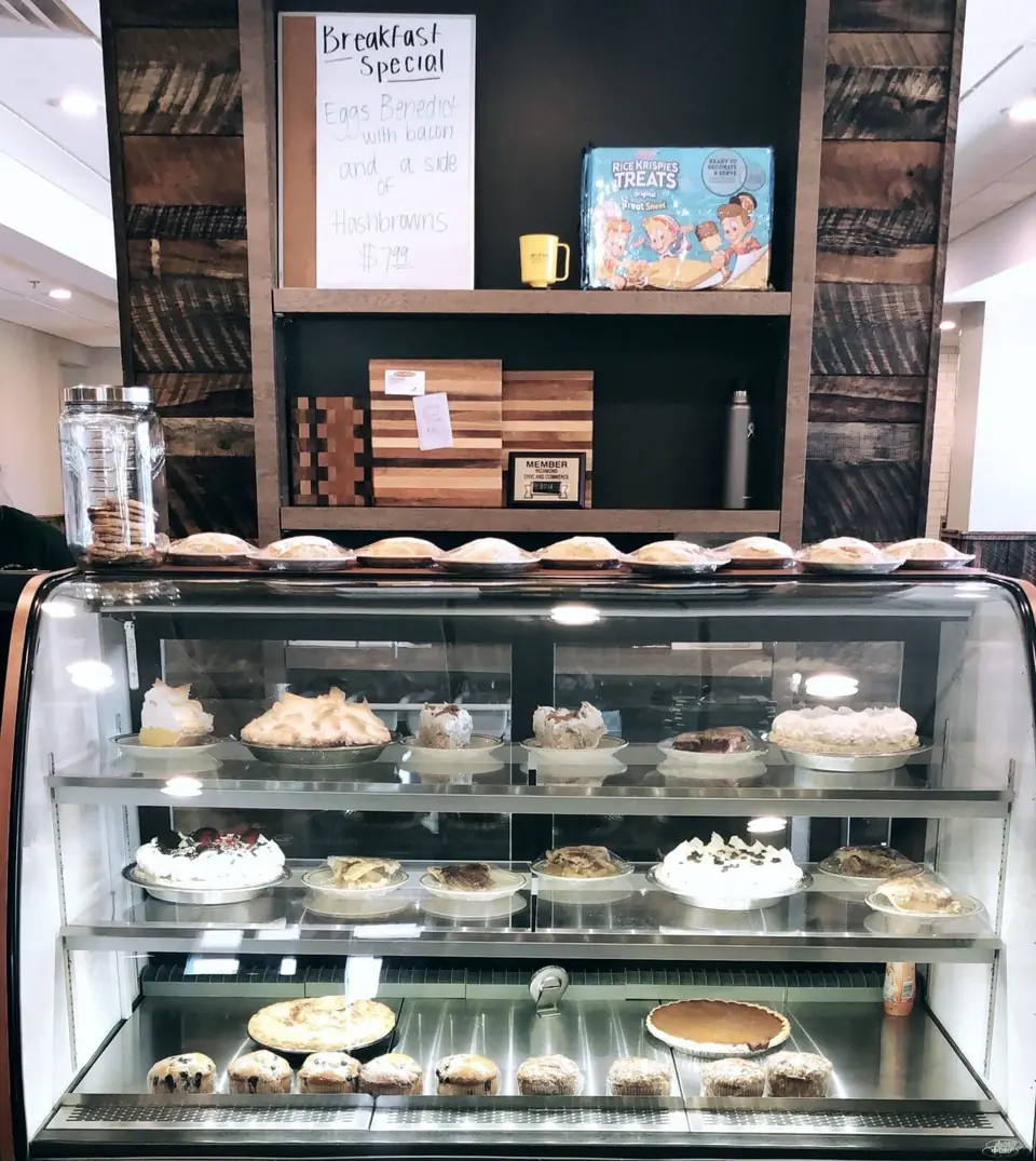 Glass case full of homemade pies and desserts